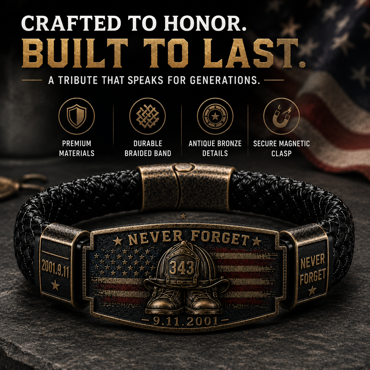 Never Forget 343 Firefighter Memorial Bracelet – Honor. Courage. Sacrifice.