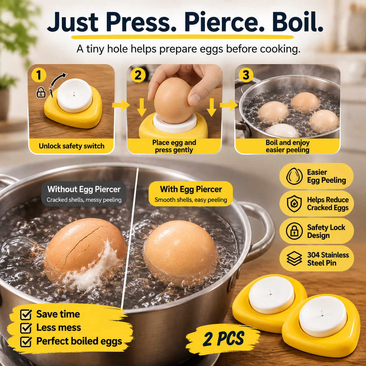 🥚 Egg Piercer for Perfect Boiled Eggs – Easy Peel Egg Tool with Safety Lock & 304 Stainless Steel Pin