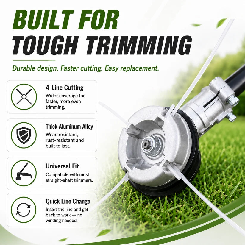 🌿 Aluminum Trimmer Head – 4-Line Cutting & Universal Fit – Heavy-Duty & Easy Line Replacement