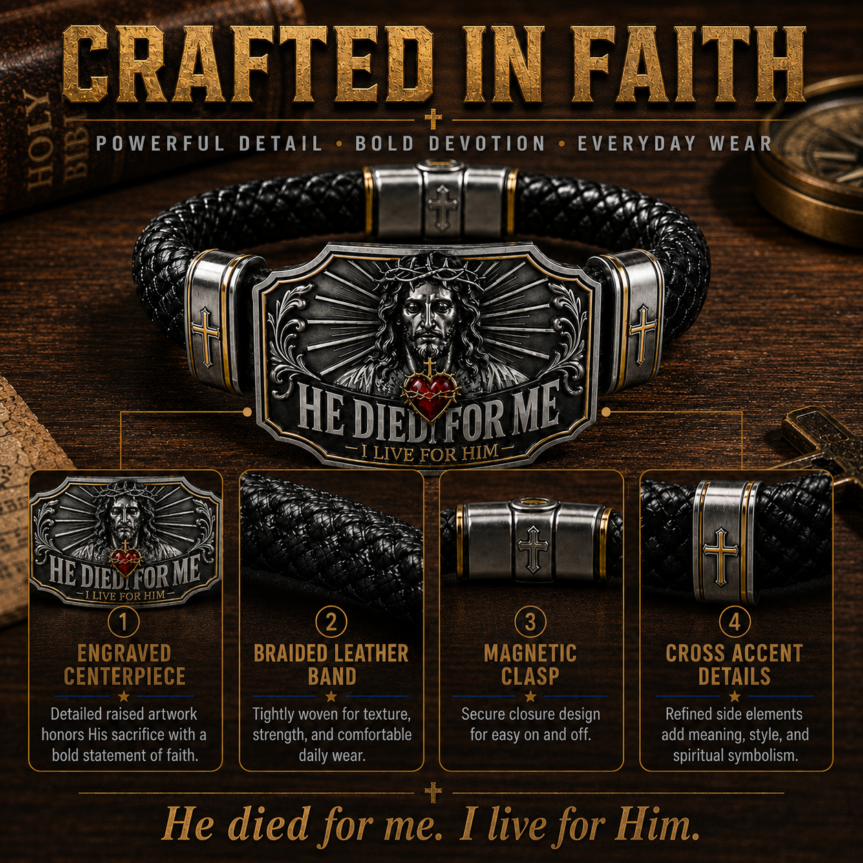 I Live for Him He Died for Me Christian Cross Braided Bracelet Gift Box Set