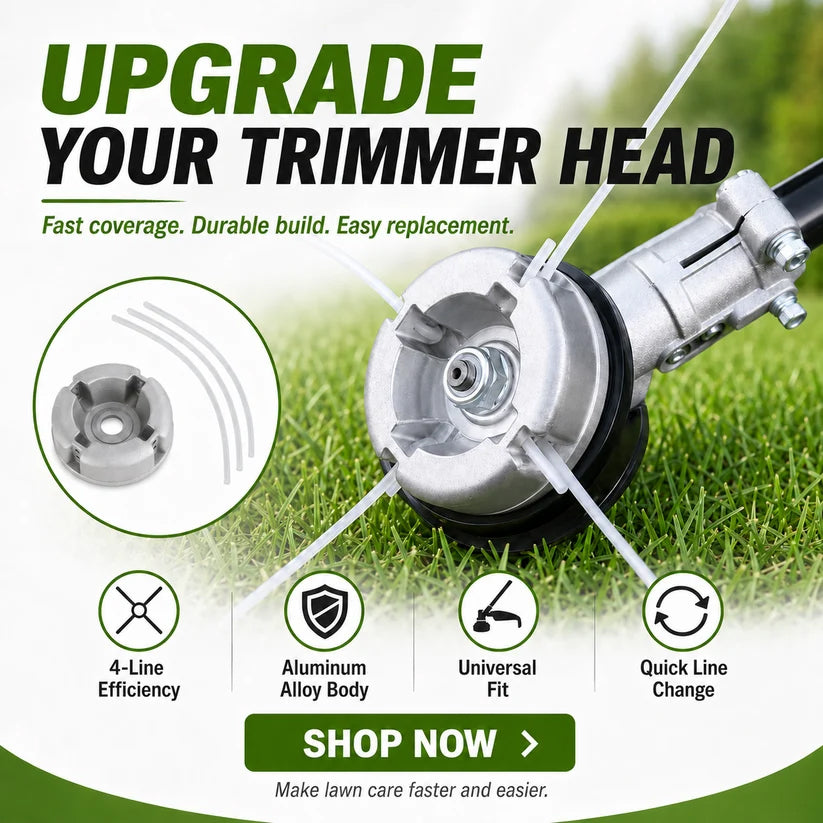 🌿 Aluminum Trimmer Head – 4-Line Cutting & Universal Fit – Heavy-Duty & Easy Line Replacement