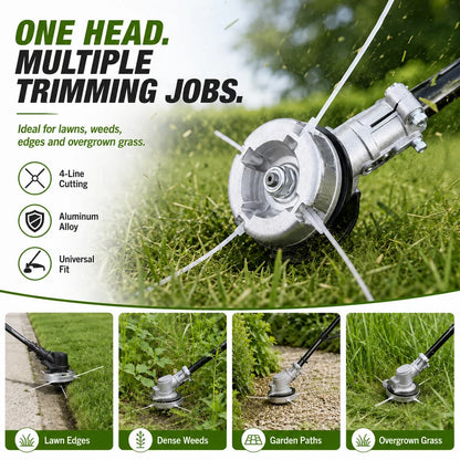 🌿 Aluminum Trimmer Head – 4-Line Cutting & Universal Fit – Heavy-Duty & Easy Line Replacement
