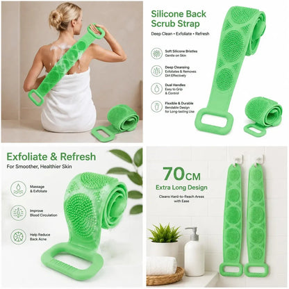 🛁 Silicone Bath Brush Back Scrubber with Handles – Double-Sided Exfoliating Shower Body Brush with Mesh Sponge for Deep Cleaning