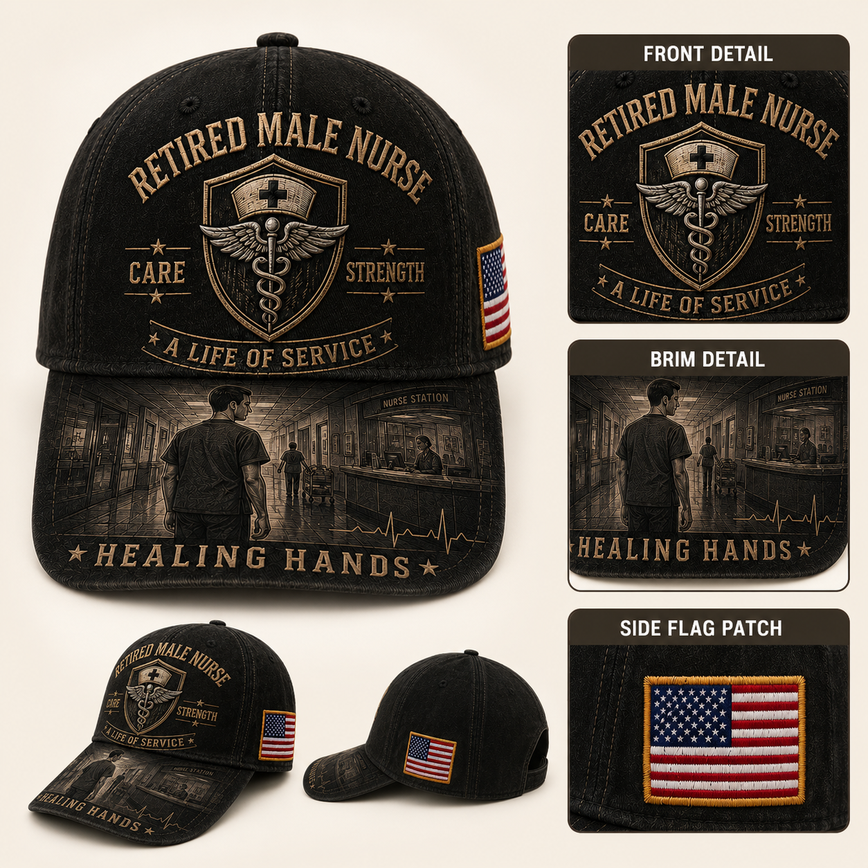 Retired Male Nurse Healing Hands Commemorative Cap