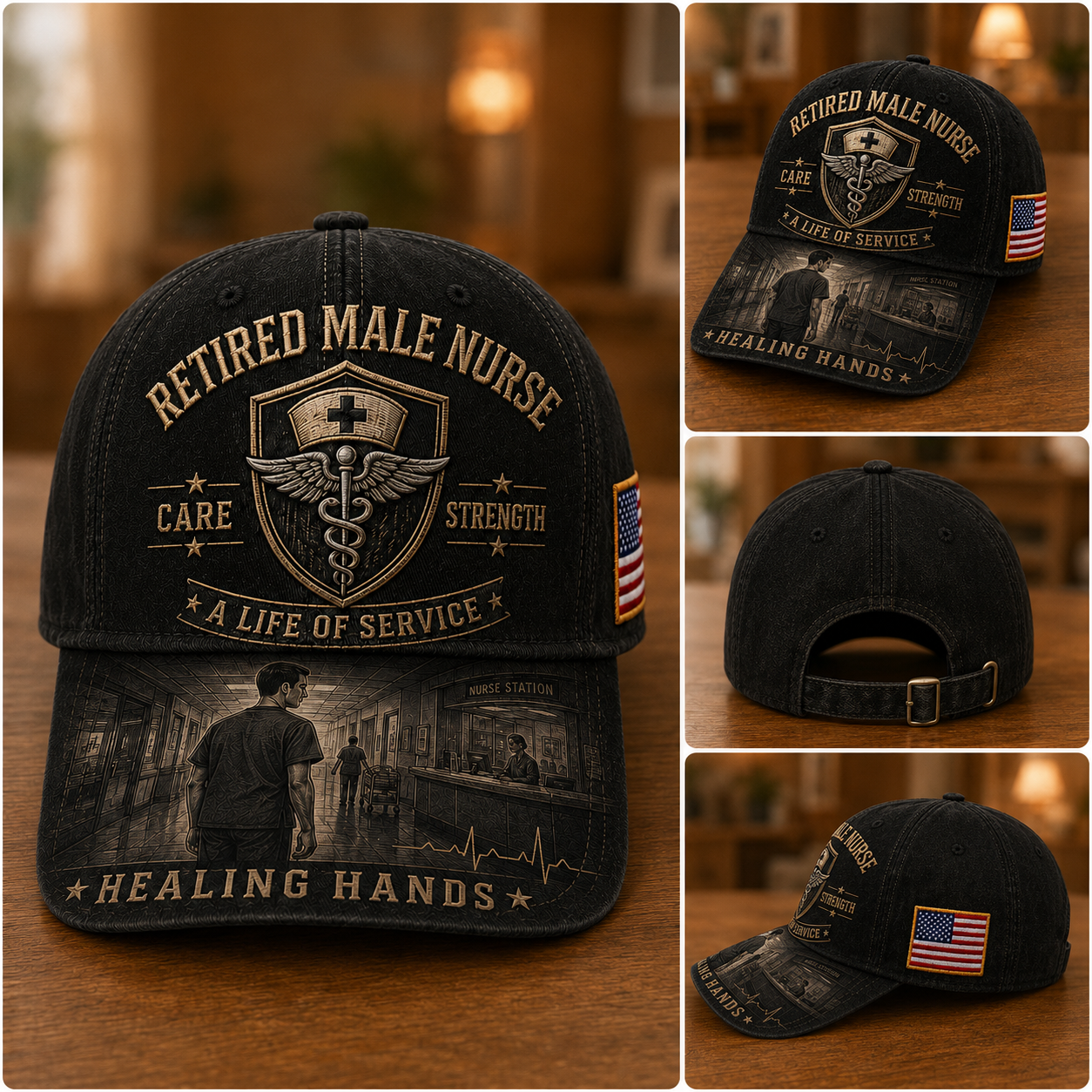 Retired Male Nurse Healing Hands Commemorative Cap