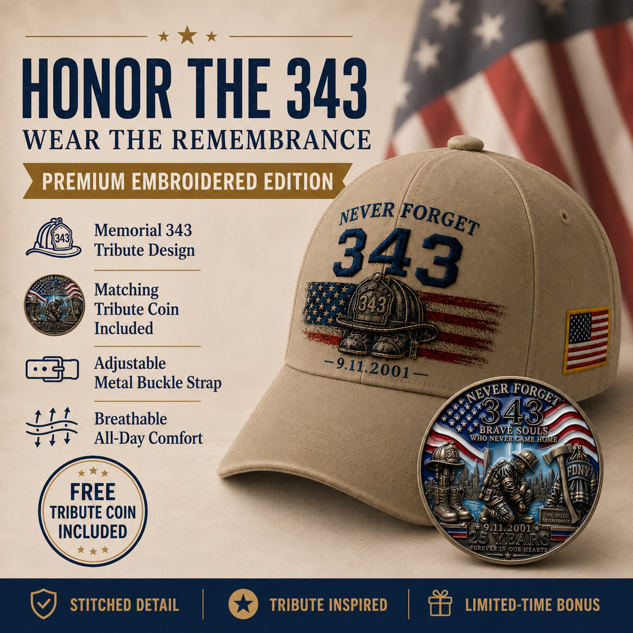 🧢Never Forget 343 Memorial Cap 🔥 Buy the Cap Get the Matching Tribute Coin FREE