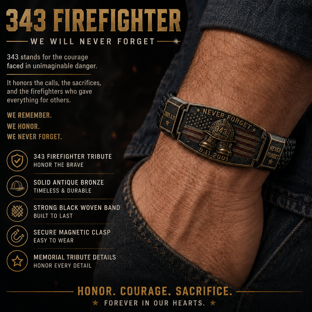 Never Forget 343 Firefighter Memorial Bracelet – Honor. Courage. Sacrifice.