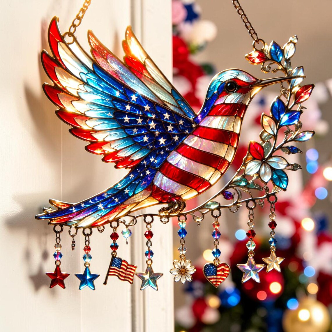 Charm Patriotic Hummingbird - Personalized Acrylic Window Hanging Suncatcher - 250th Anniversary Gift