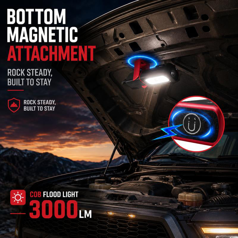🔥SAKERPLUS Rechargeable Work Light, 3000LM COB LED Magnetic Mechanic Light with 360° Swivel Hook, 180° Adjustable Stand, Flashlight Mode, USB-C Charging, IP54 Water-Resistant for Car Repair, Garage & Camping
