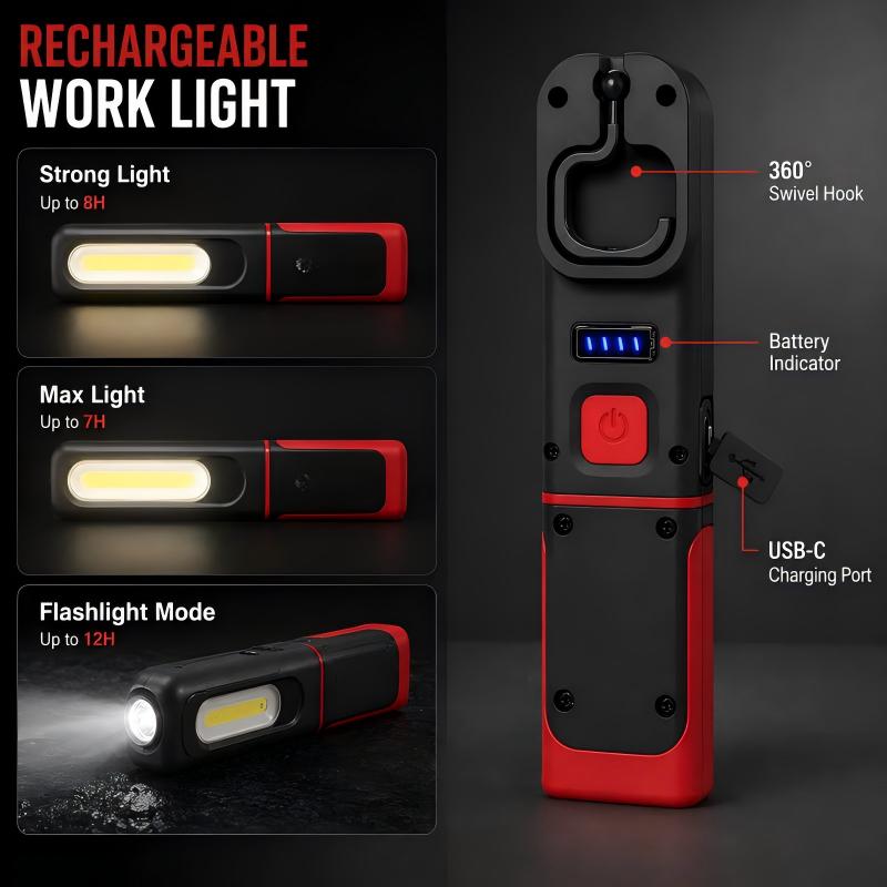 🔥SAKERPLUS Rechargeable Work Light, 3000LM COB LED Magnetic Mechanic Light with 360° Swivel Hook, 180° Adjustable Stand, Flashlight Mode, USB-C Charging, IP54 Water-Resistant for Car Repair, Garage & Camping